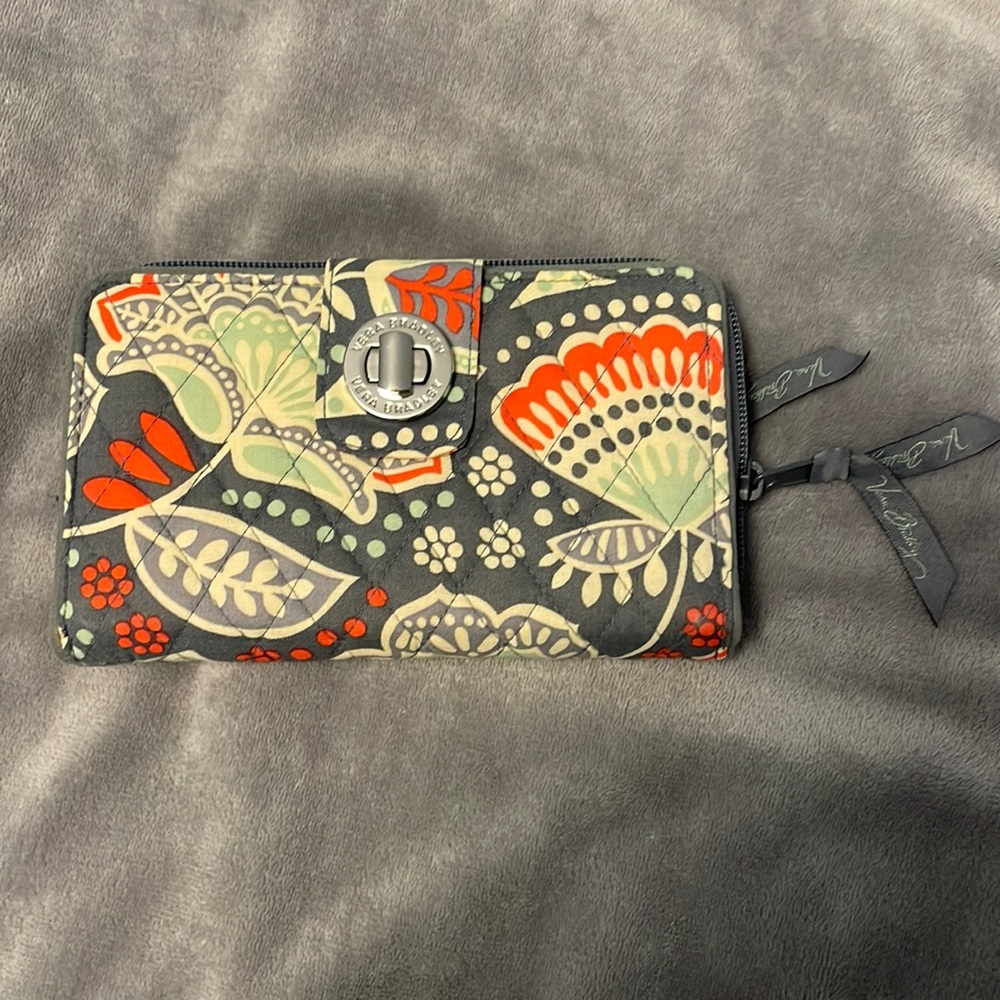 Vera bradley grey, orange, and green wallet